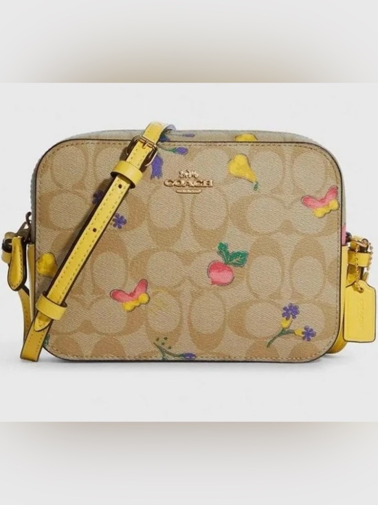 Coach Handbags - Coach Beige Signature Canvas Crossbody with Yellow Strap & Multicolor Print